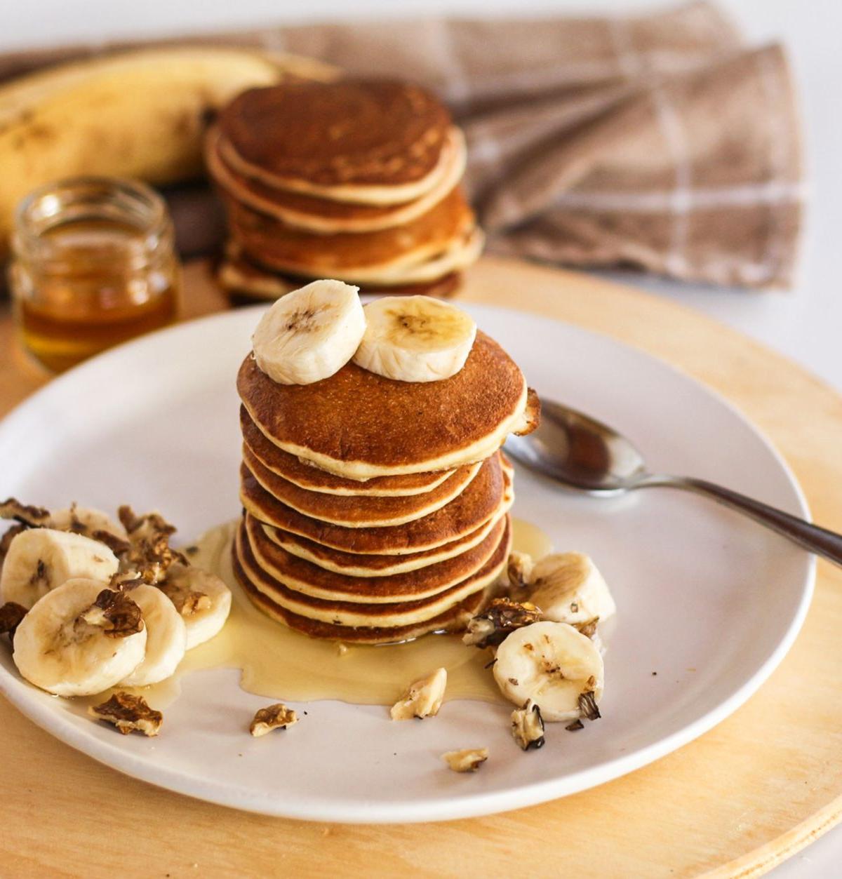 Banana Walnut Protein Pancakes with Honey