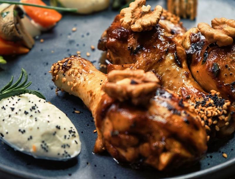 BBQ Chicken Legs with Roasted Veg & Walnut Cream