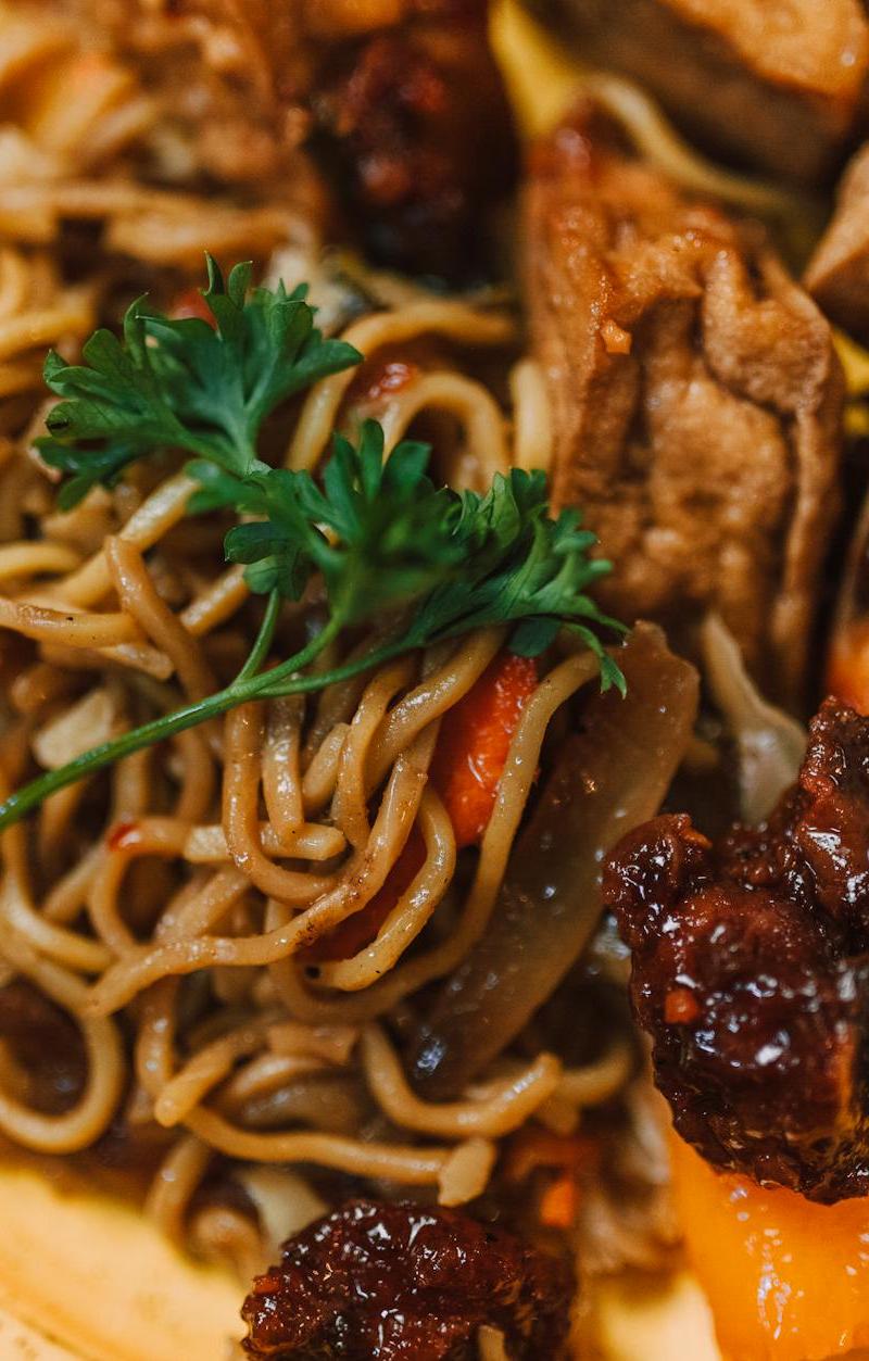 Beef Lo Mein with Crispy Tofu & Pork