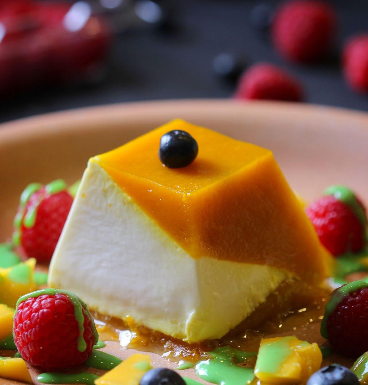 Berry & Mango Panna Cotta with Green Sauce