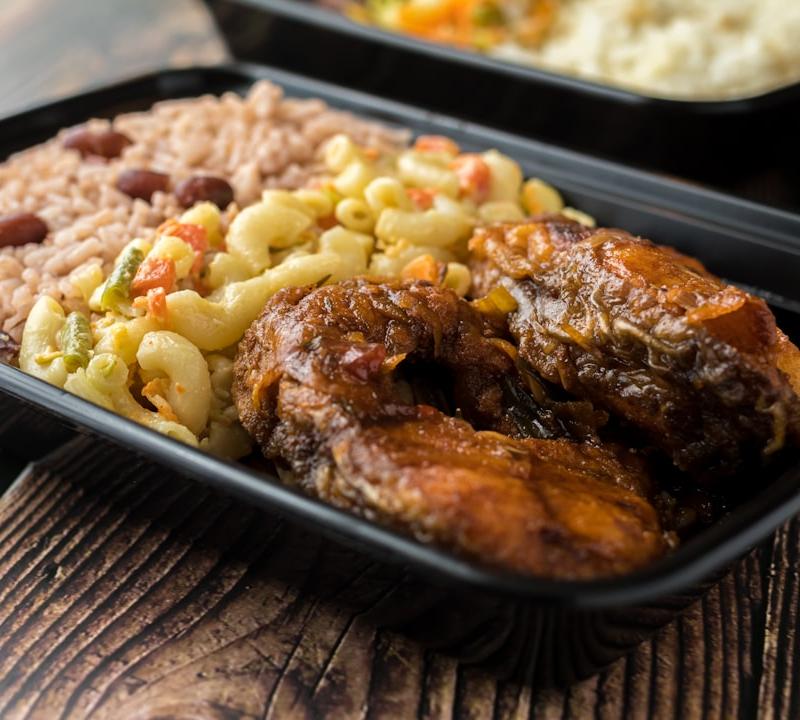 Brown Stew Chicken with Rice & Peas