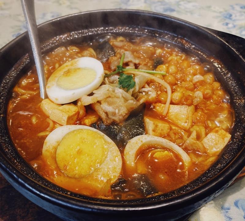 Bubbling Spicy Tofu Stew with Egg & Noodles