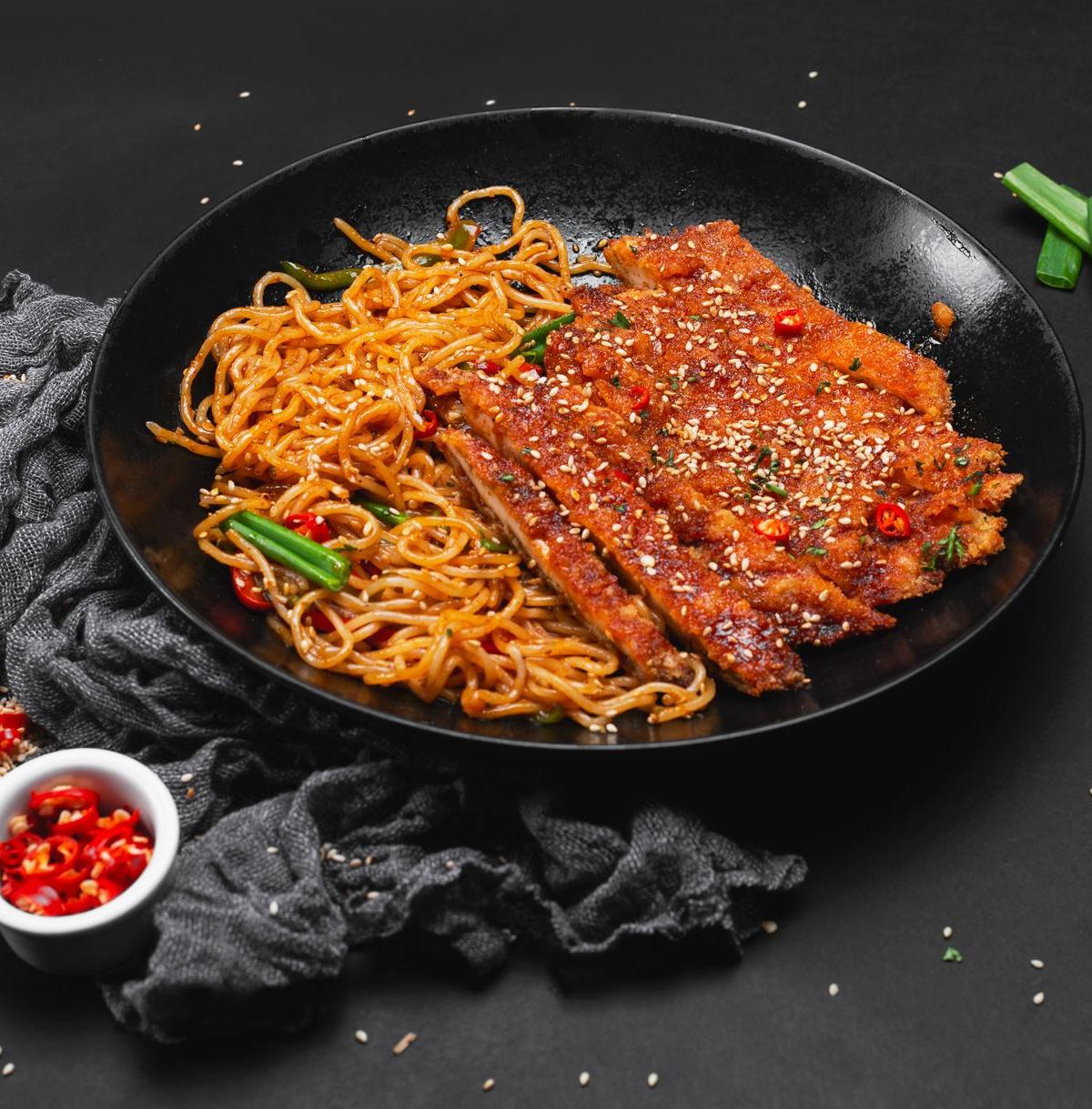 Buldak Bokkeum Myeon — Spicy Fire Noodles with Crispy Chicken