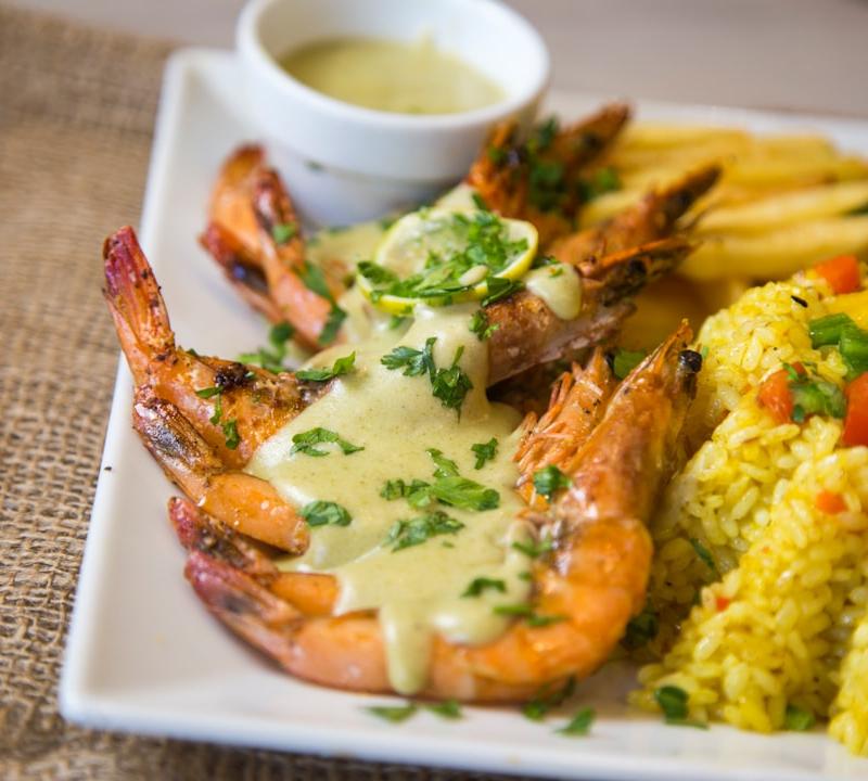 Caribbean Curry Shrimp with Coconut Rice & Fries