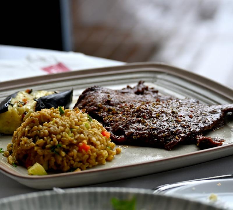 Carne Seca with Fried Rice & Grilled Eggplant