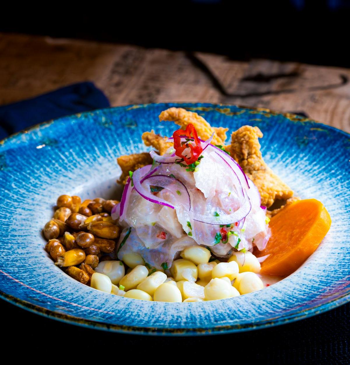 Ceviche Bowl with Crispy Calamari & Choclo
