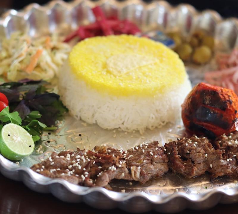 Charred Beef Kebab with Saffron Rice & Tahini