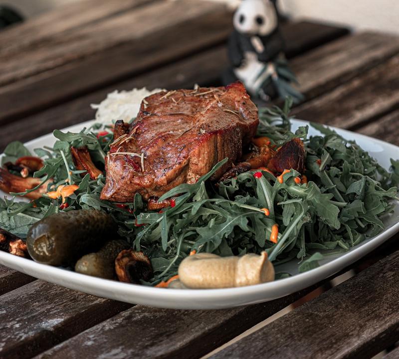 Charred Lamb Chops with Arugula & Pickled Slaw