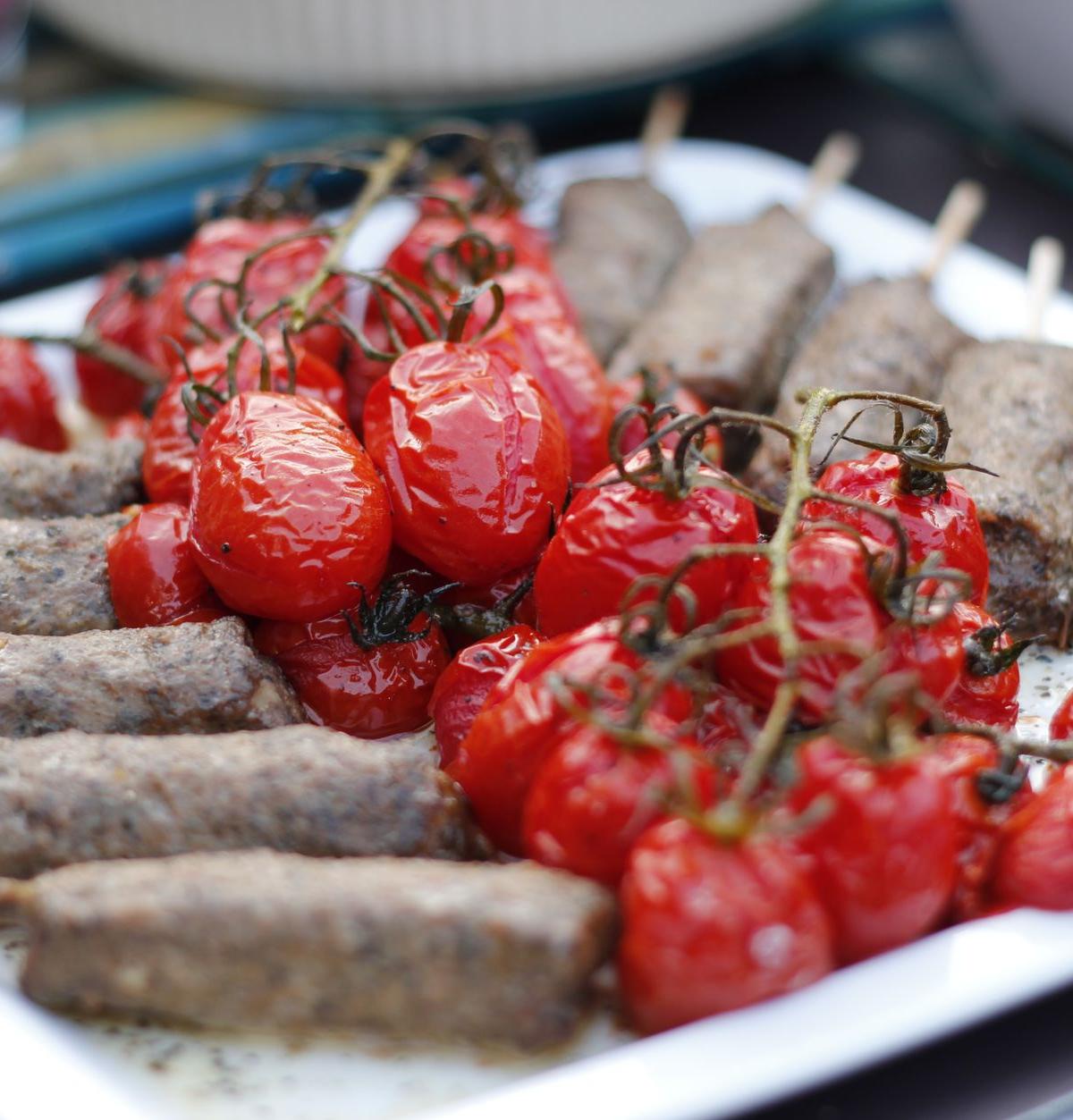 Charred Lamb Kebabs with Roasted Tomatoes