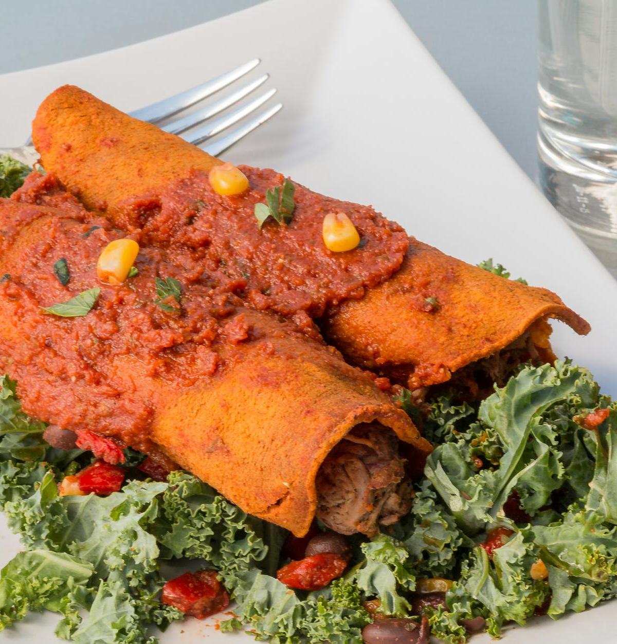 Cheesy Red Enchiladas with Crispy Kale