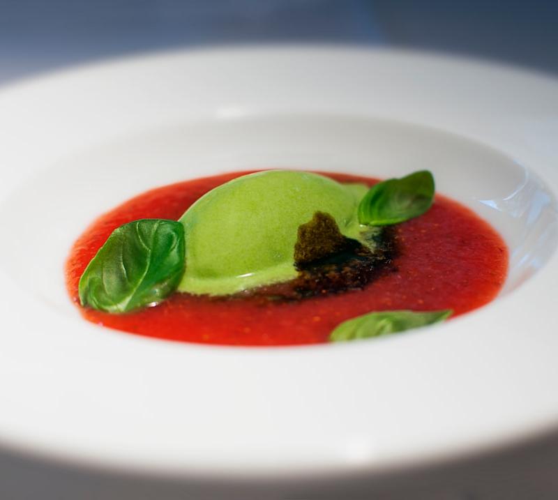 Chilled Tomato Gazpacho with Basil & Olive Swirl