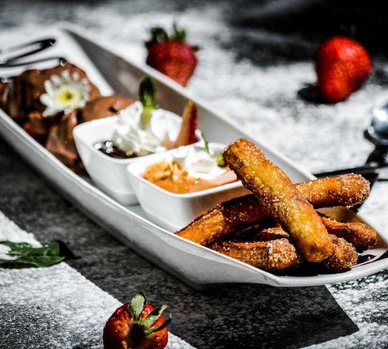 Cinnamon Churro Bites with Chocolate & Caramel