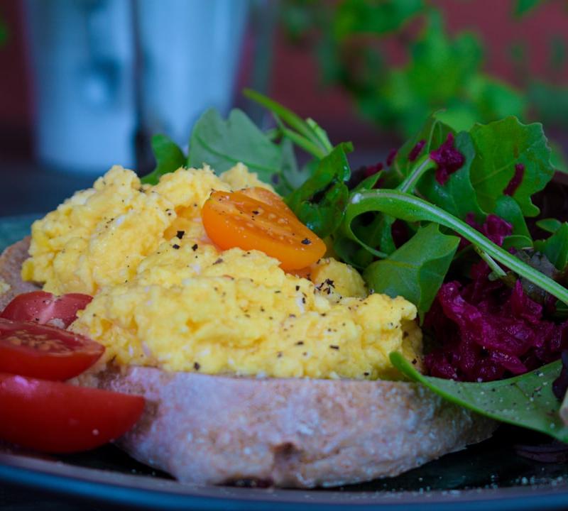 Cottage Cheese Scrambled Eggs with Warm Toast & Greens