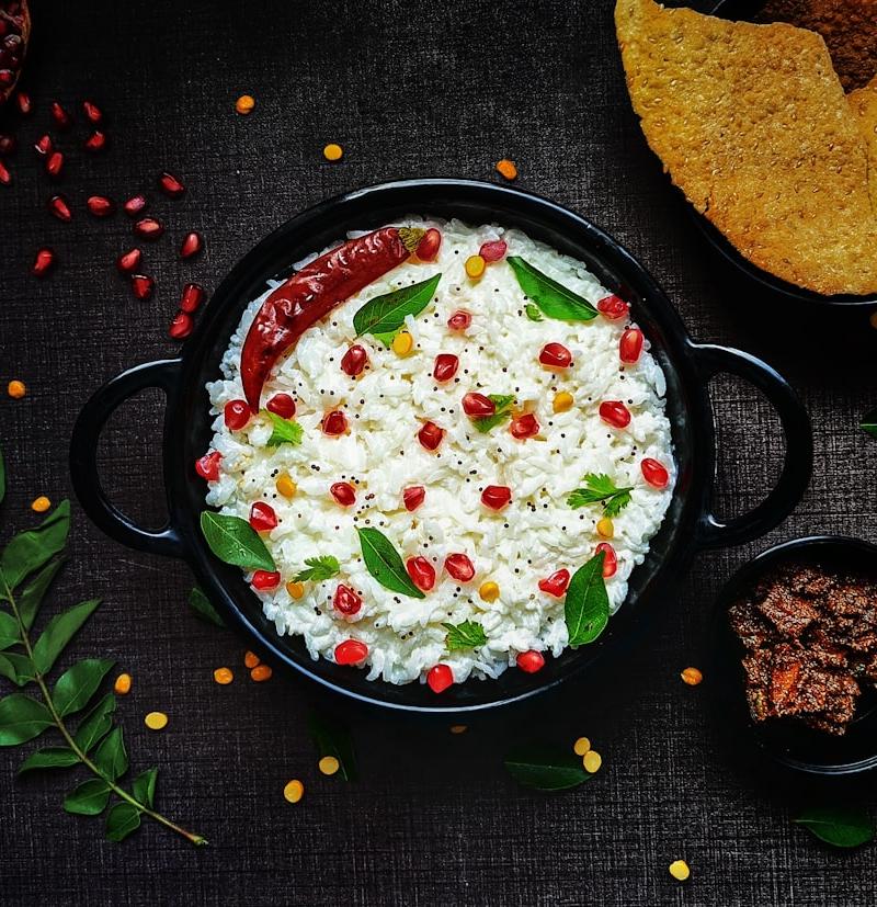 Creamy Curd Rice with Papadum & Pickle