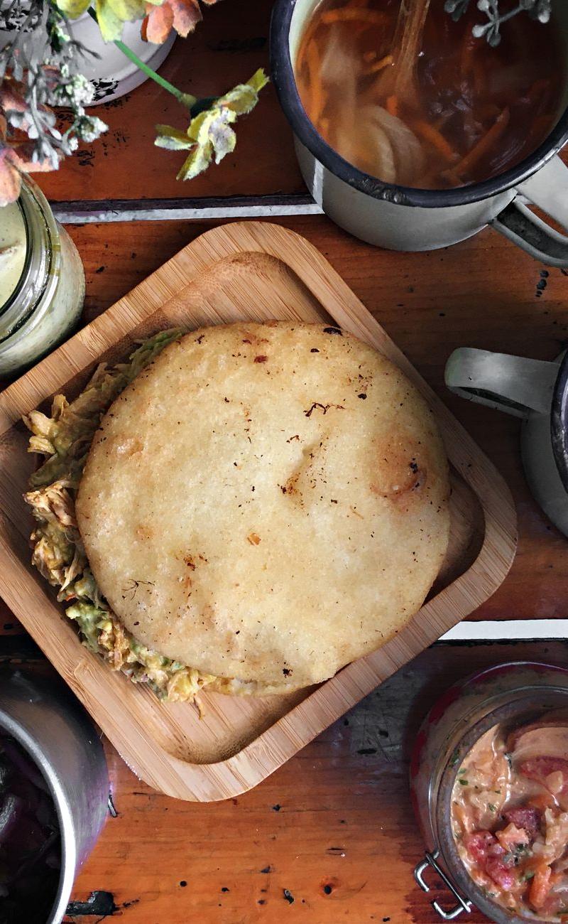 Crispy Arepa Rellena with Pulled Chicken