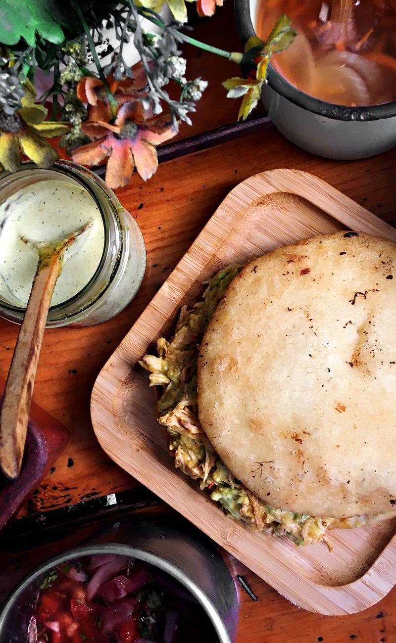 Crispy Arepa Rellena with Shredded Chicken & Cheese