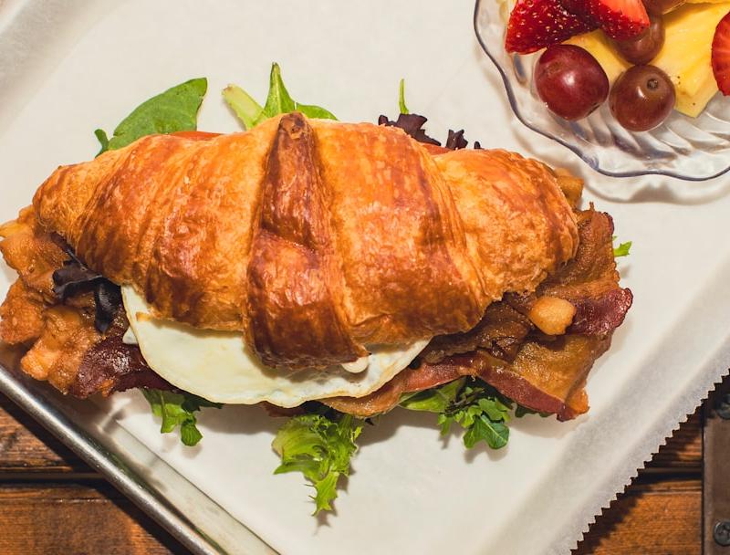 Crispy Bacon Egg & Cheese Croissant with Fruit