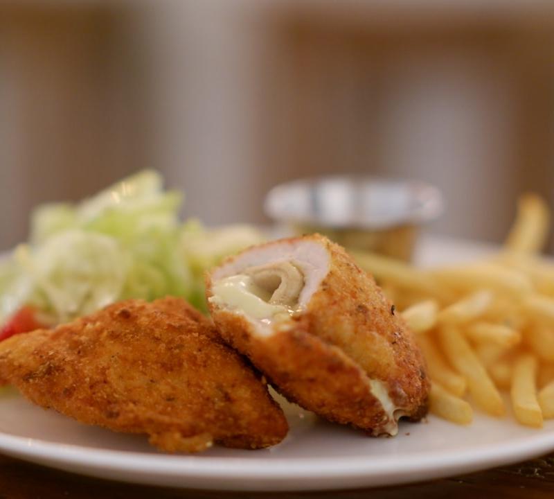 Crispy Chicken Cordon Bleu with Fries & Salad