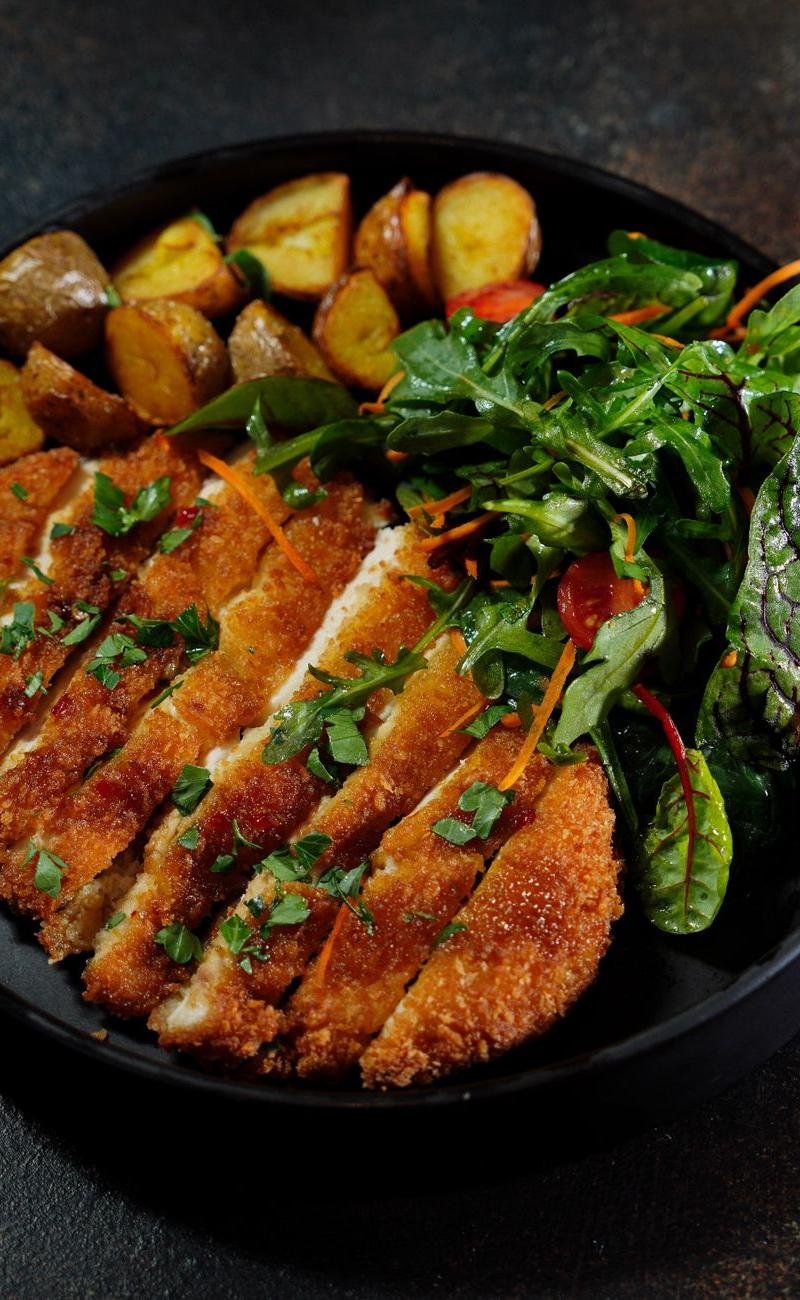 Crispy Chicken Schnitzel with Roasted Potatoes & Salad