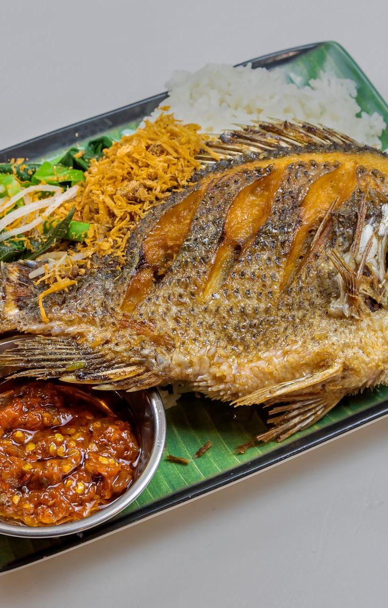 Crispy Fish with Rice & Charred Greens