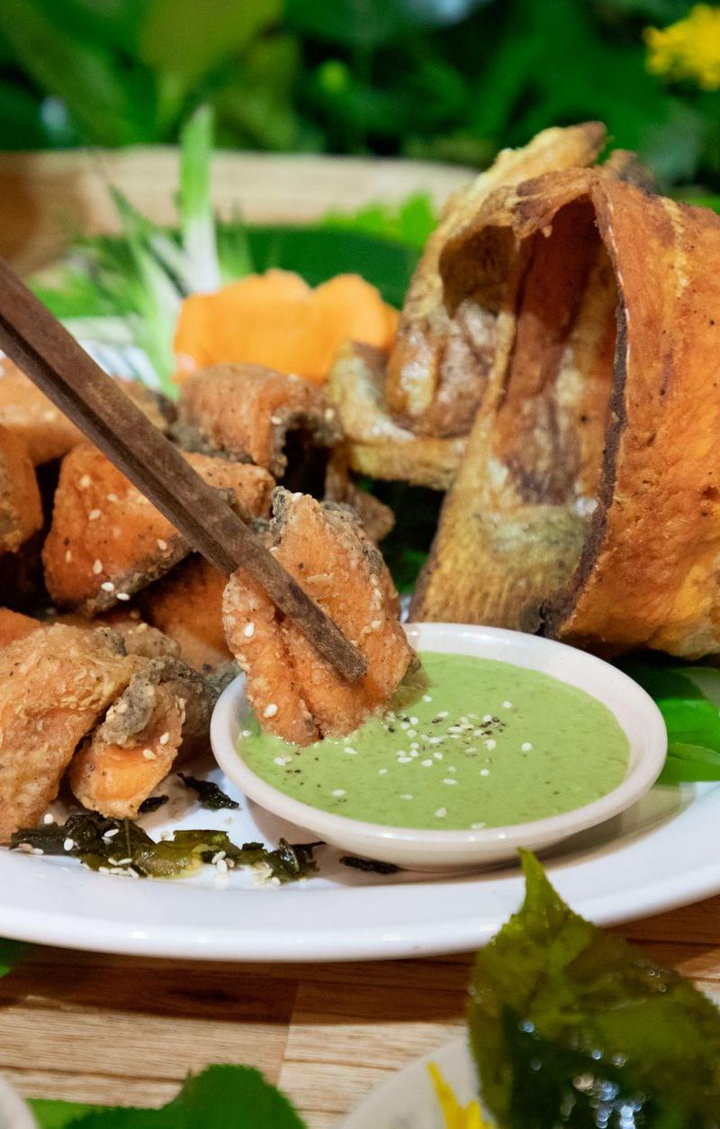 Crispy Fried Fish with Green Sauce & Pickled Carrots