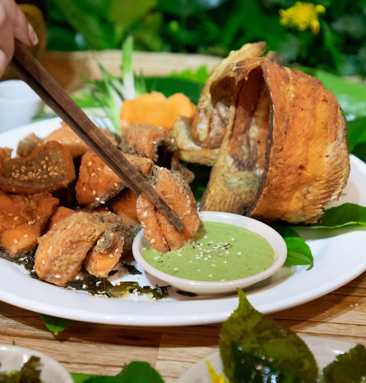 Crispy Fried Fish with Green Sauce & Pickled Carrots