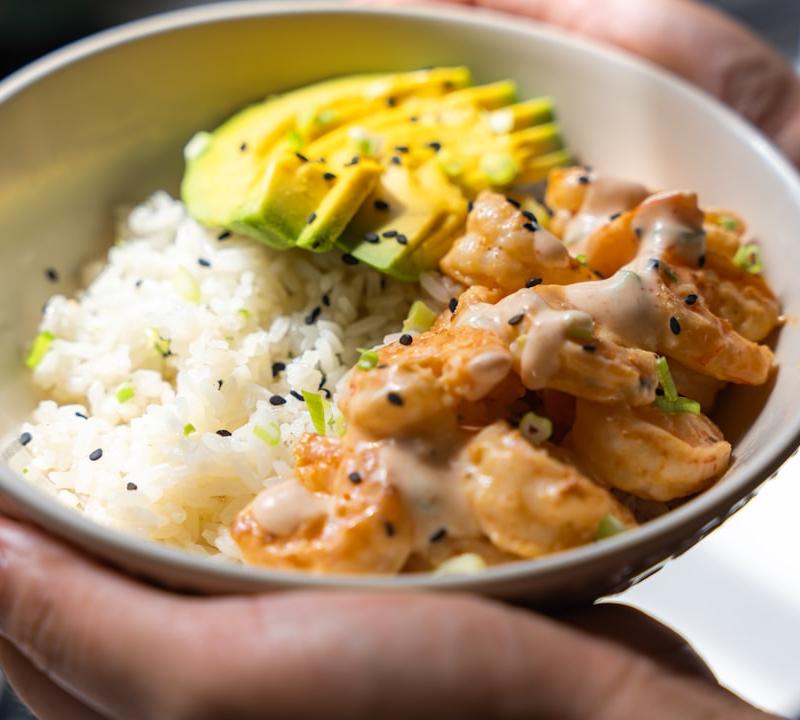Crispy Garlic Shrimp & Avocado Rice Bowl