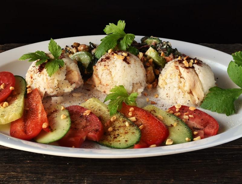 Crispy Herb Stuffed Eggplant with Tomato & Walnut