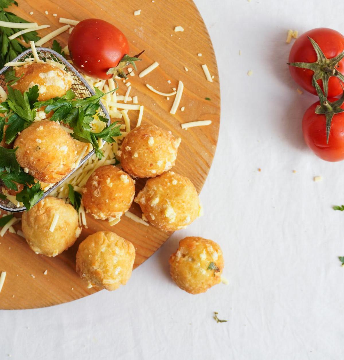 Crispy Malakoff Cheese Ball with Cherry Tomatoes
