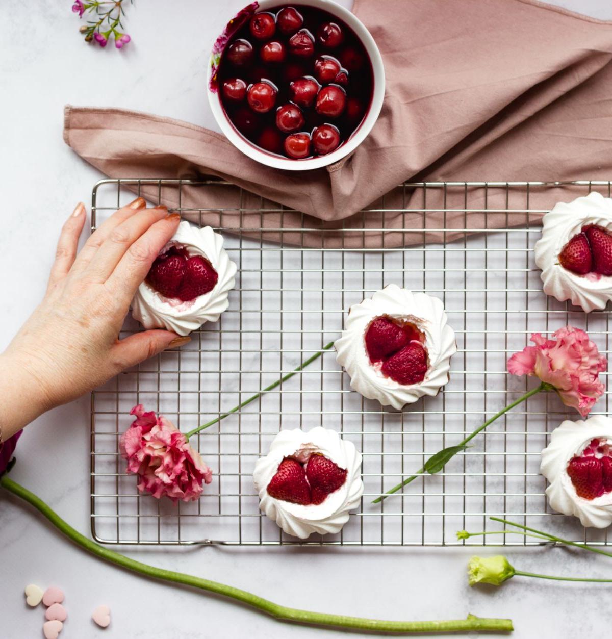 Crispy Meringue Nests with Berries & Cherry Compote