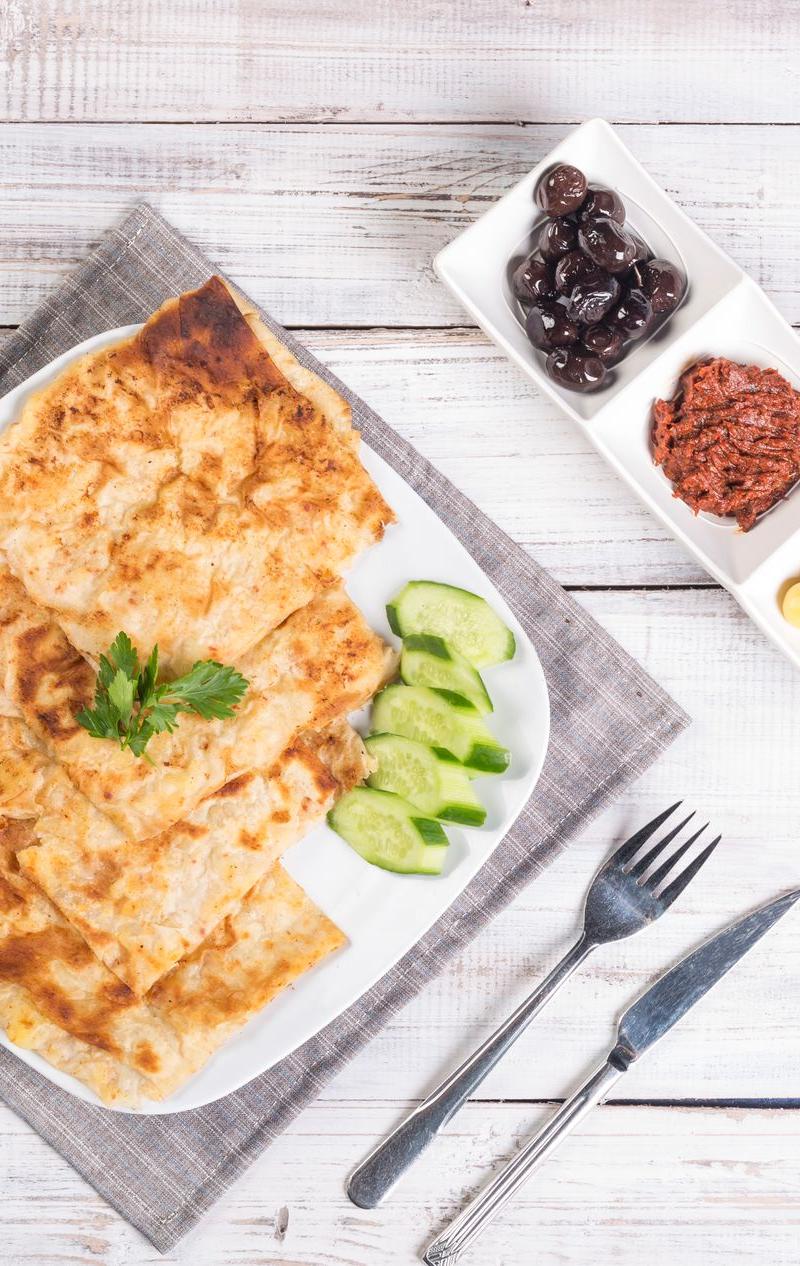 Crispy Msemen with Honey & Marinated Vegetables