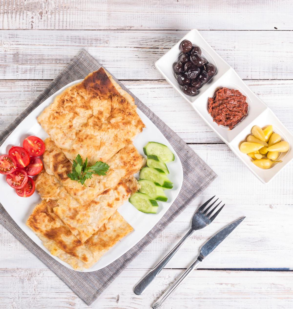 Crispy Msemen with Honey & Marinated Vegetables