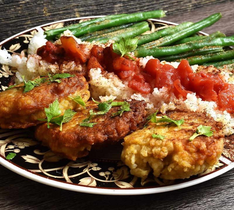 Crispy Perkedel with Rice, Greens & Sambal