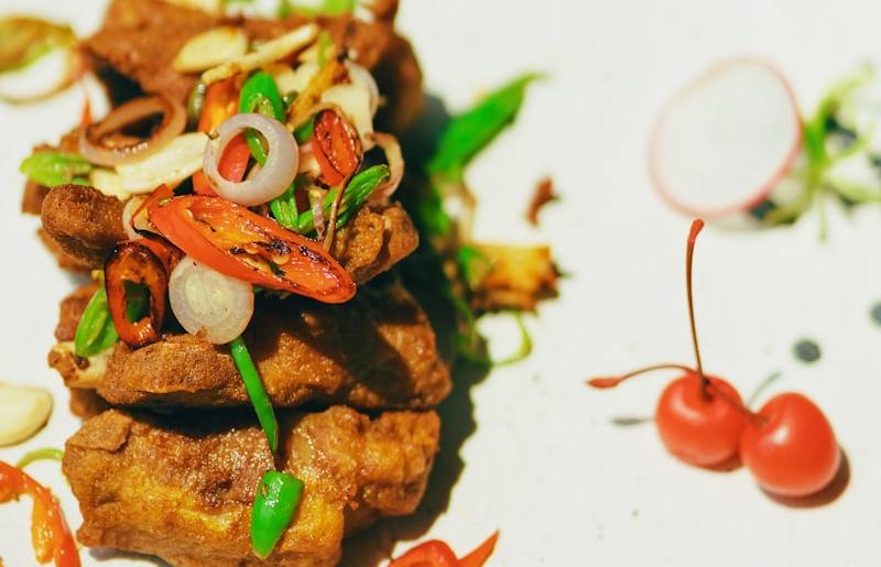 Crispy Pork Belly with Radish & Cherry Salad