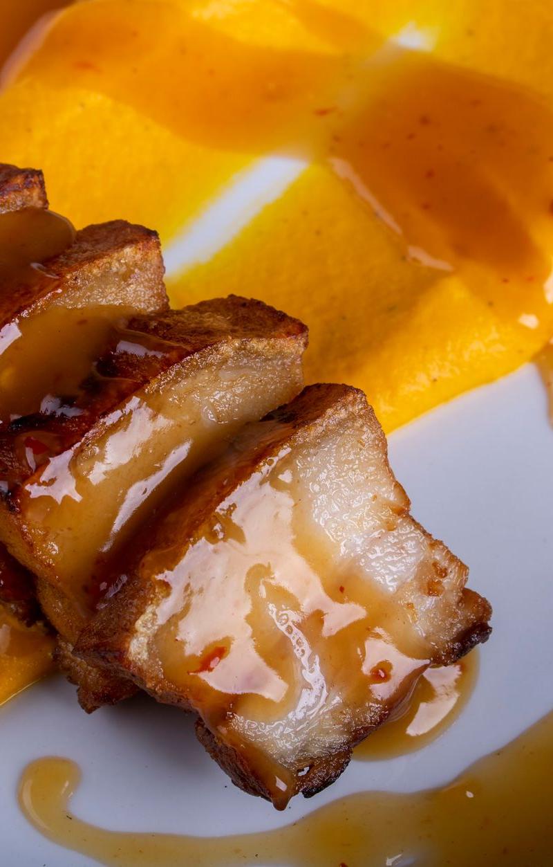 Crispy Pork Belly with Sweet Potato & Chili Glaze