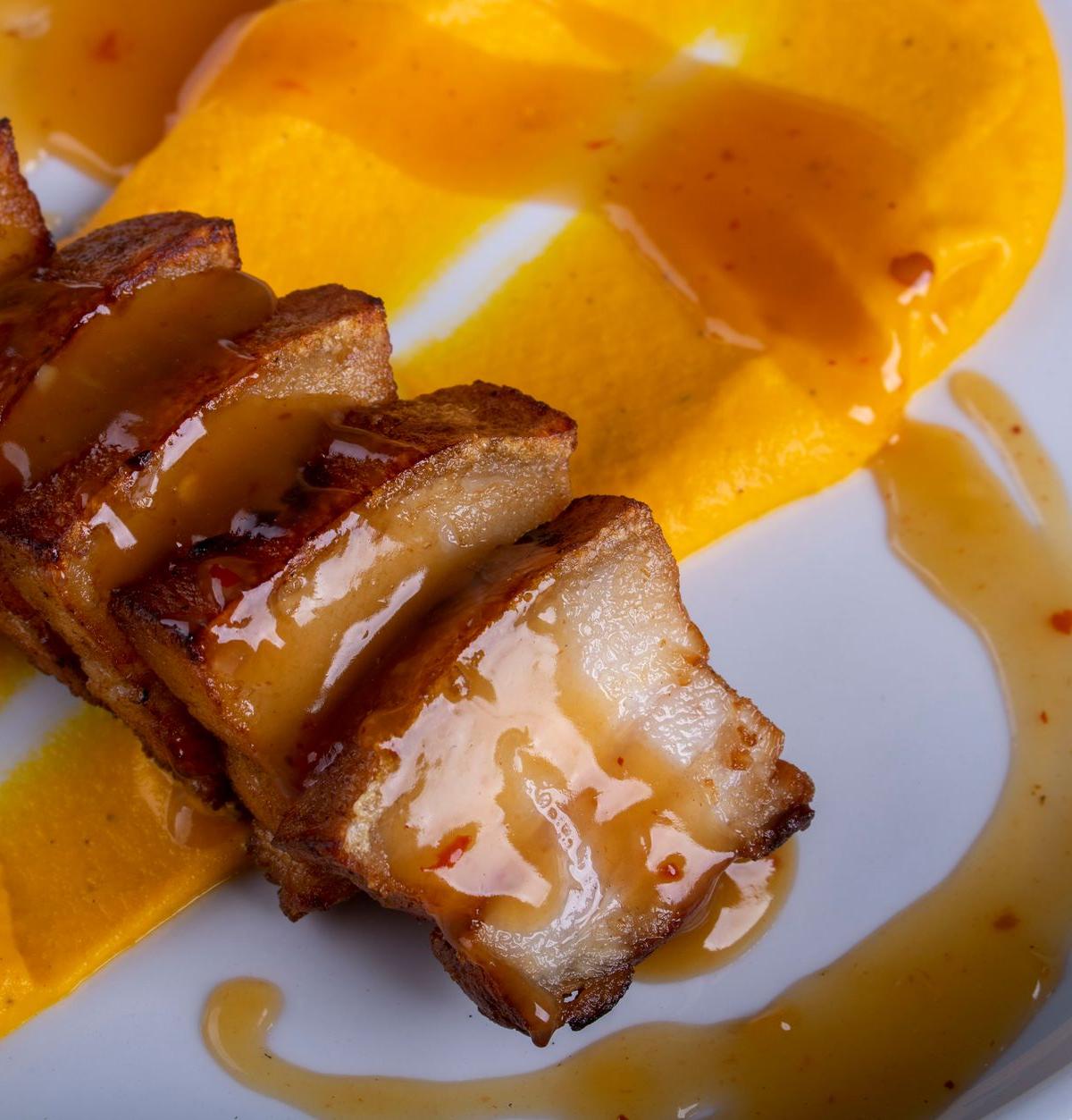 Crispy Pork Belly with Sweet Potato & Chili Glaze