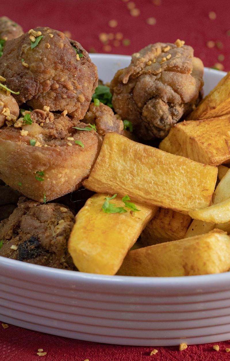 Crispy Pork Belly with Yuca & Fries