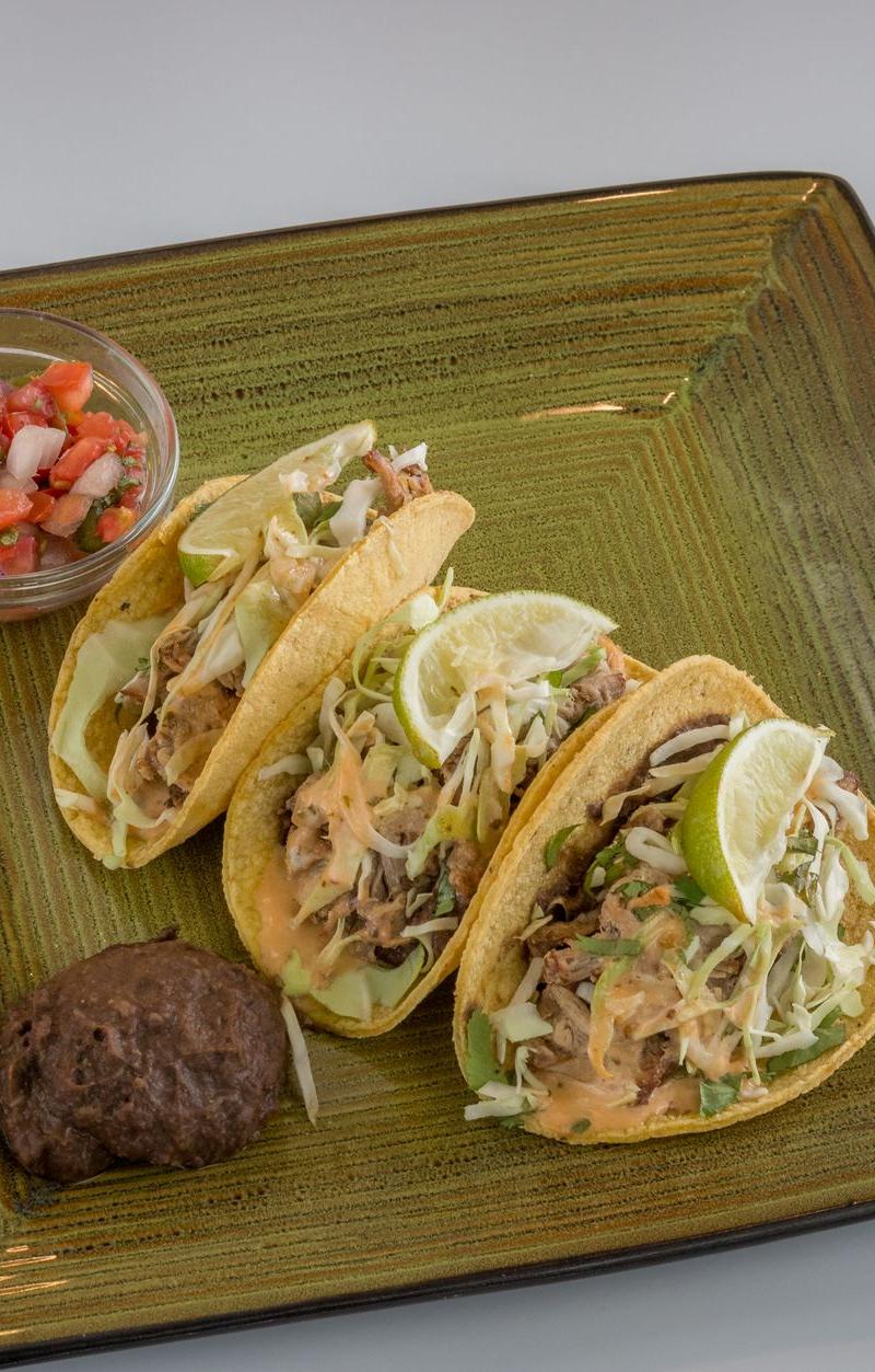 Crispy Pork Carnitas Tacos with Beans & Pico