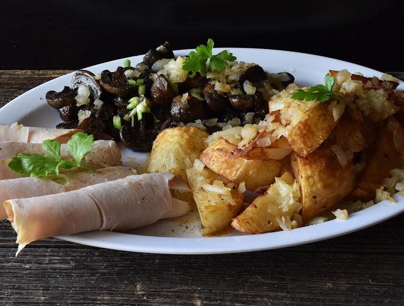 Crispy Pork with Roasted Potatoes & Mushrooms