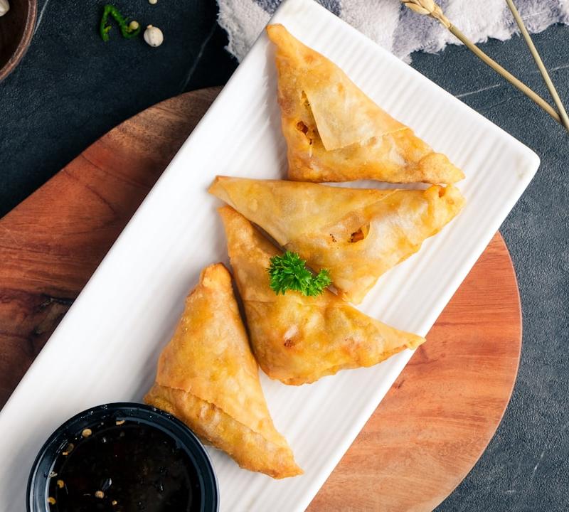 Crispy Spiced Meat Sambusas with Hot Sauce
