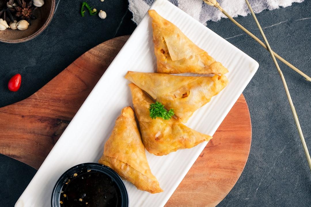 Crispy Spiced Meat Sambusas with Hot Sauce