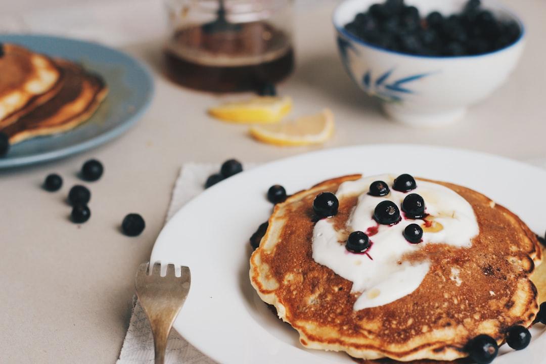 Fluffy Greek Yogurt Pancakes with Honey Blueberries