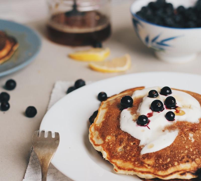 Fluffy Greek Yogurt Pancakes with Honey Blueberries