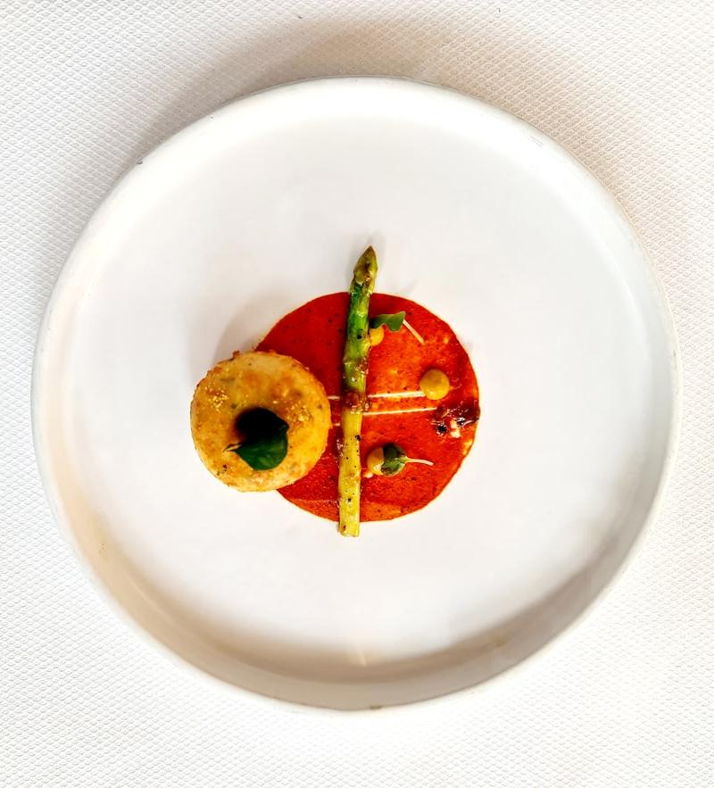 Crispy Fried Green Tomato Stack with Red Pepper Coulis