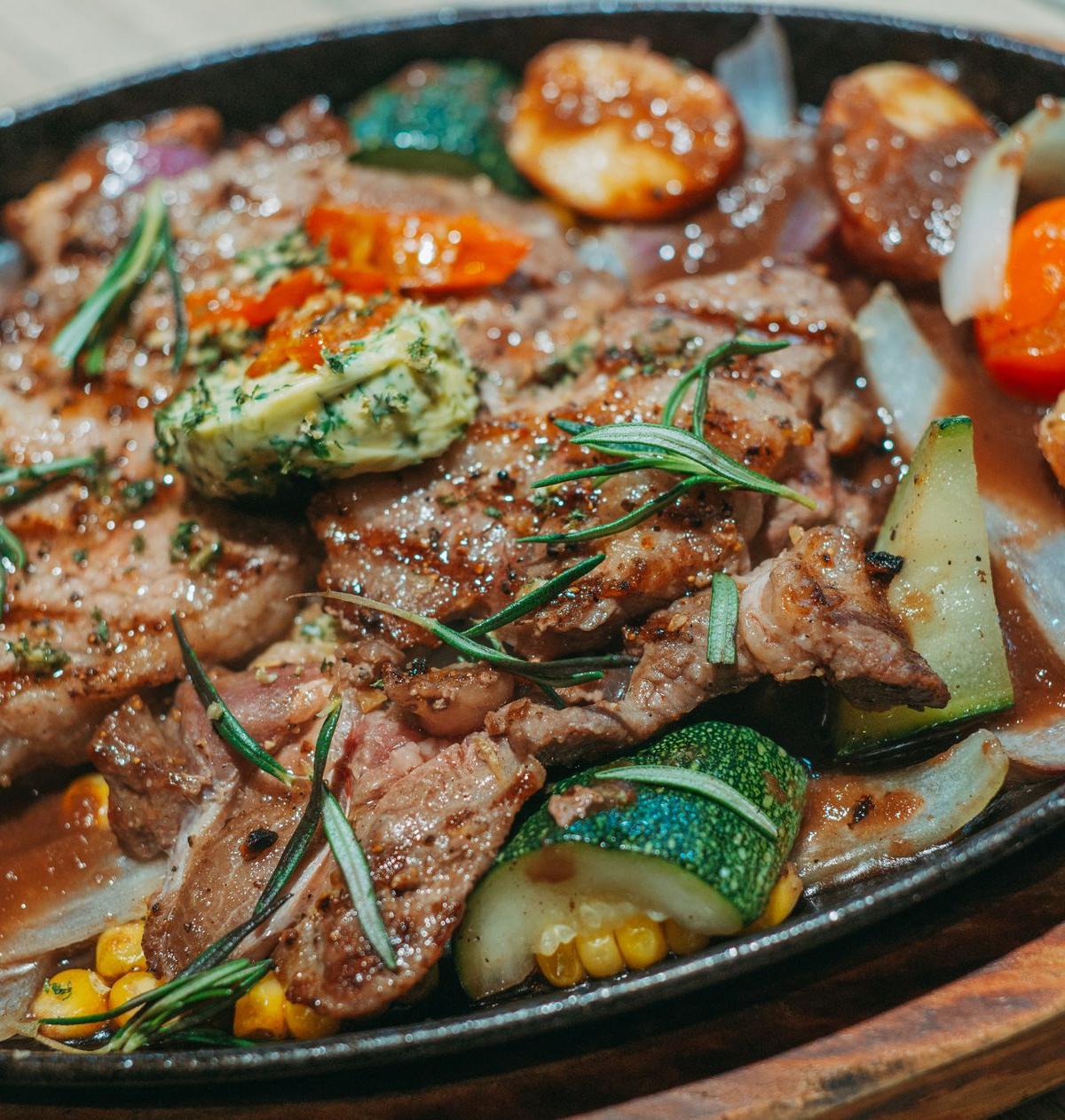 Garlic Parmesan Butter Steak with Roasted Veg