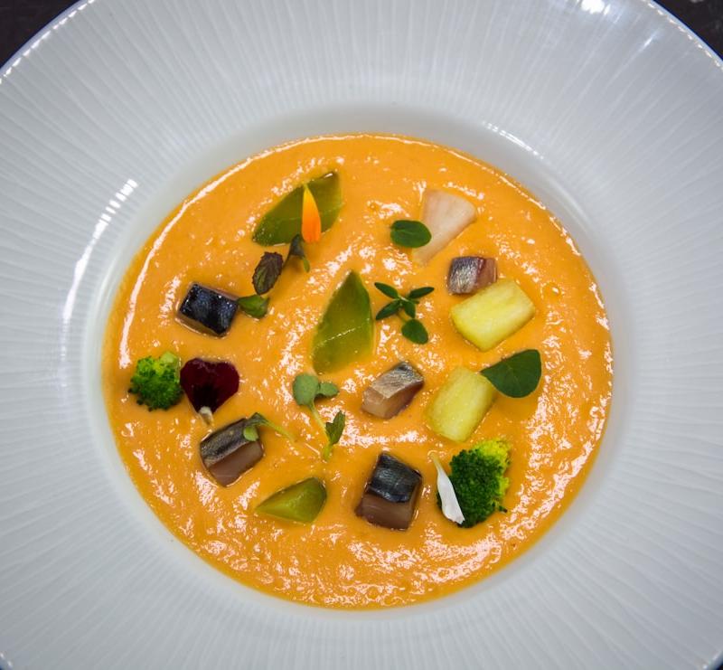 Gazpacho with Crispy Fish & Potatoes