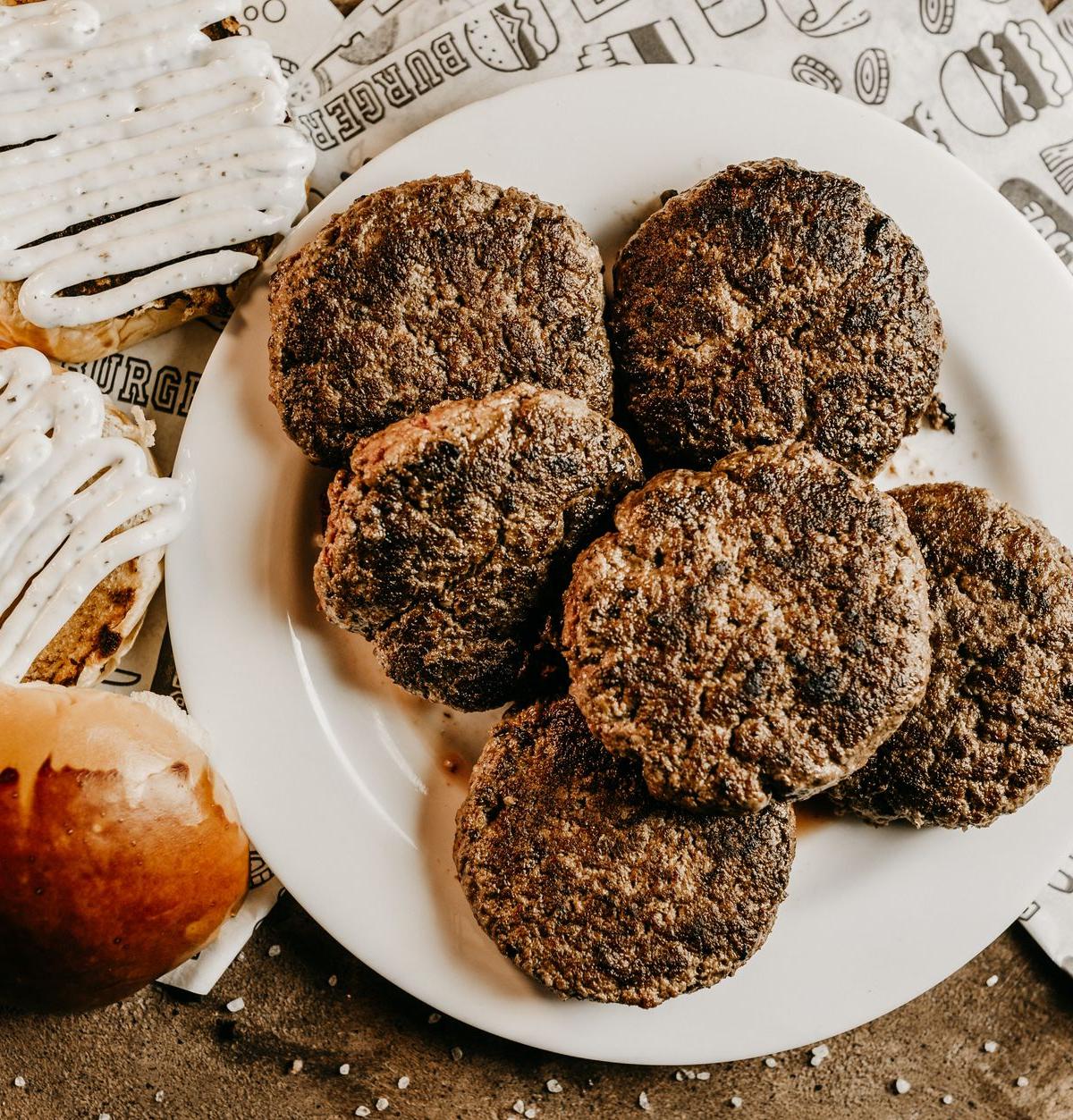 German Frikadellen with Crispy Bacon & Toasted Buns