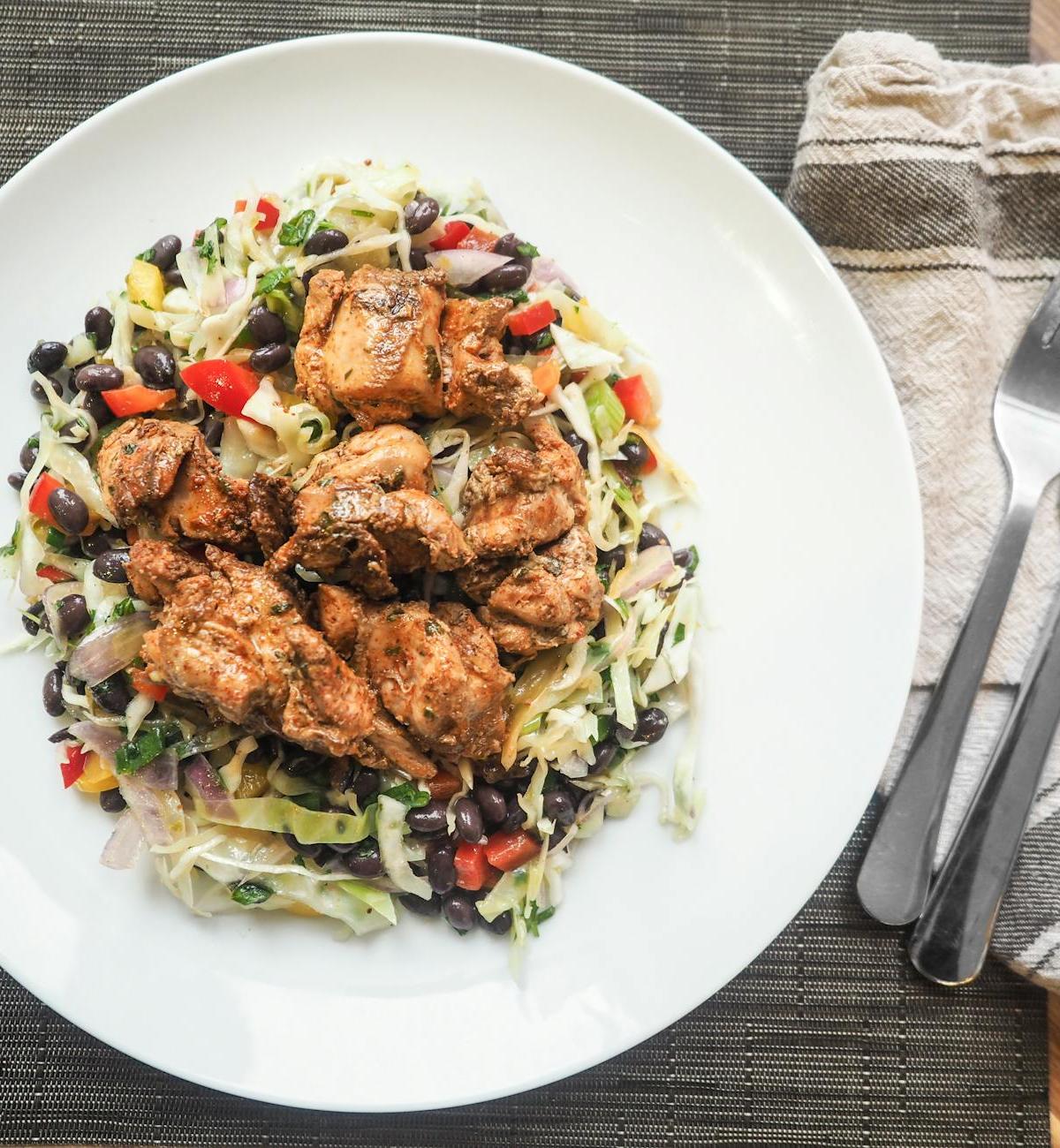 Ghanaian Shito Chicken with Slaw & Beans