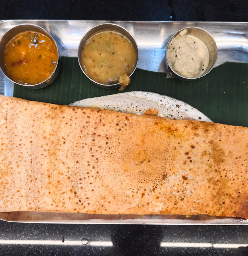 Ghee Roast Dosa with Sambar & Chutneys