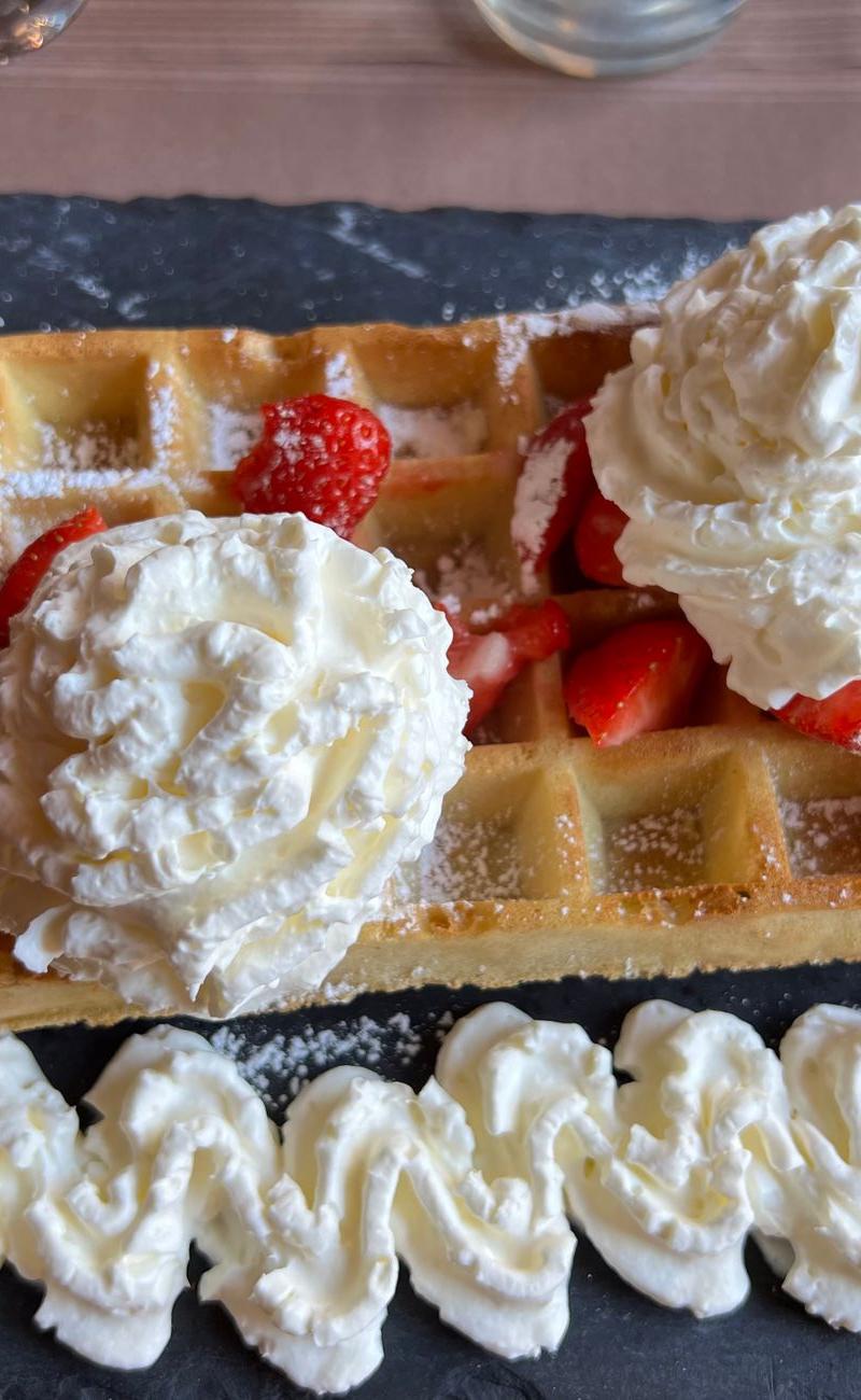 Golden Crispy Waffles with Strawberries & Cream